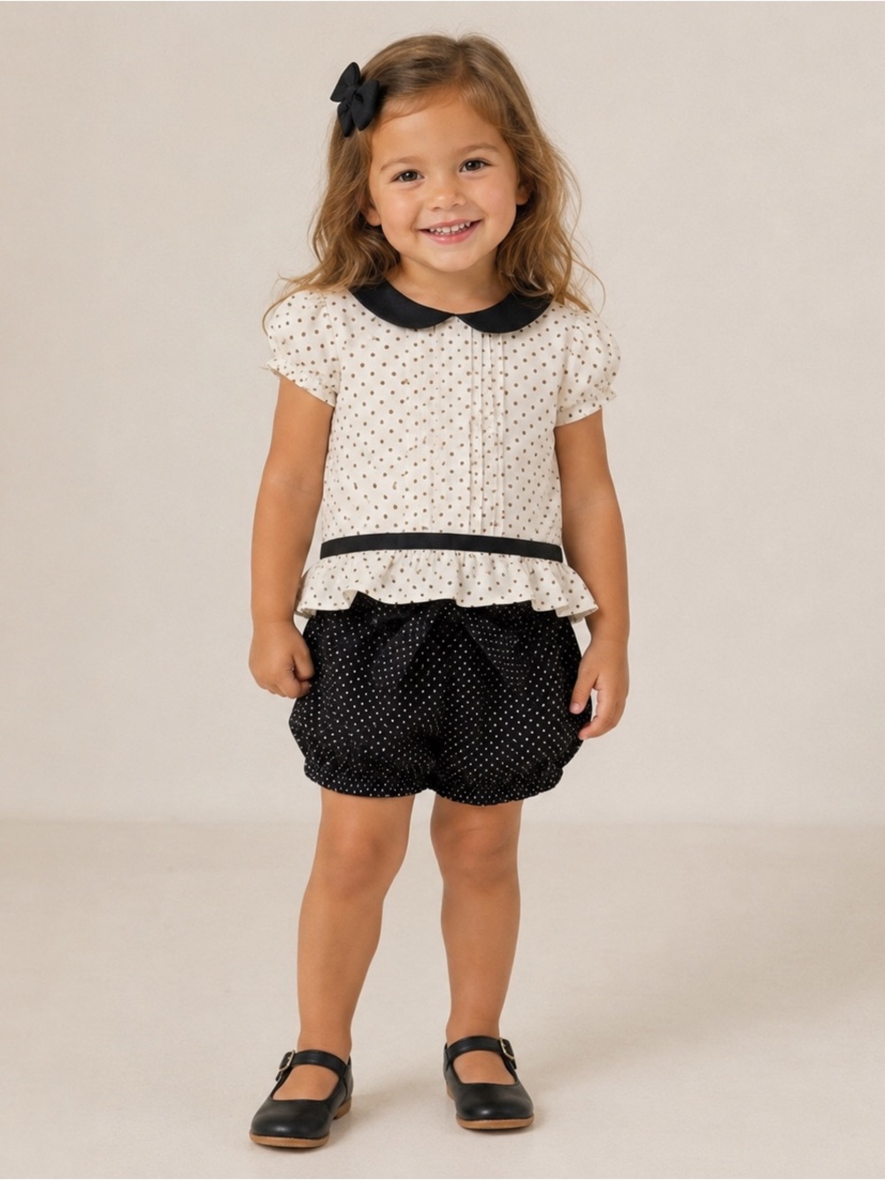 Janie and Jack Cream and Black Polka Dot set